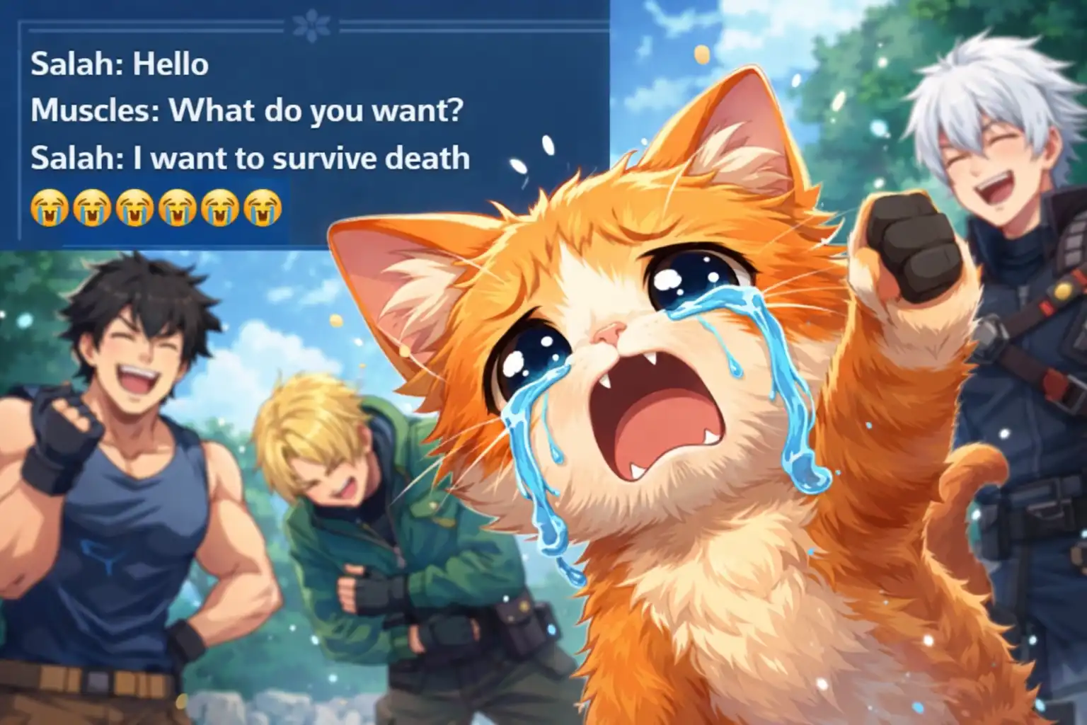Anime-style Pharaonic Cat in full theatrical mode, dramatically performing both roles of the ETF conversation with exaggerated gestures while HAVOC members watch and laugh