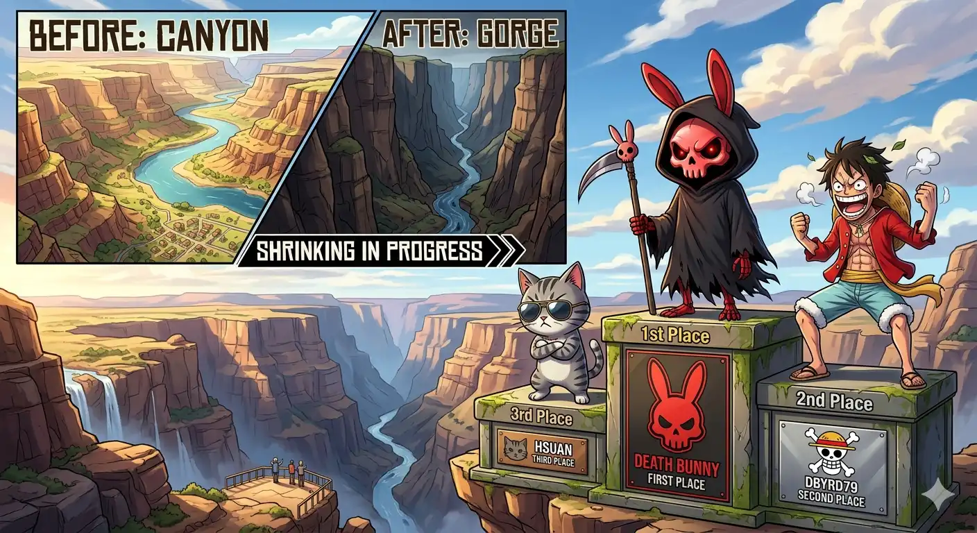 A dramatic before and after map showing a canyon shrinking to a gorge, Death Bunny and DByrd79 at the top of a leaderboard looking extremely determined, 2126 players filling spots three through nine looking annoyingly comfortable up there