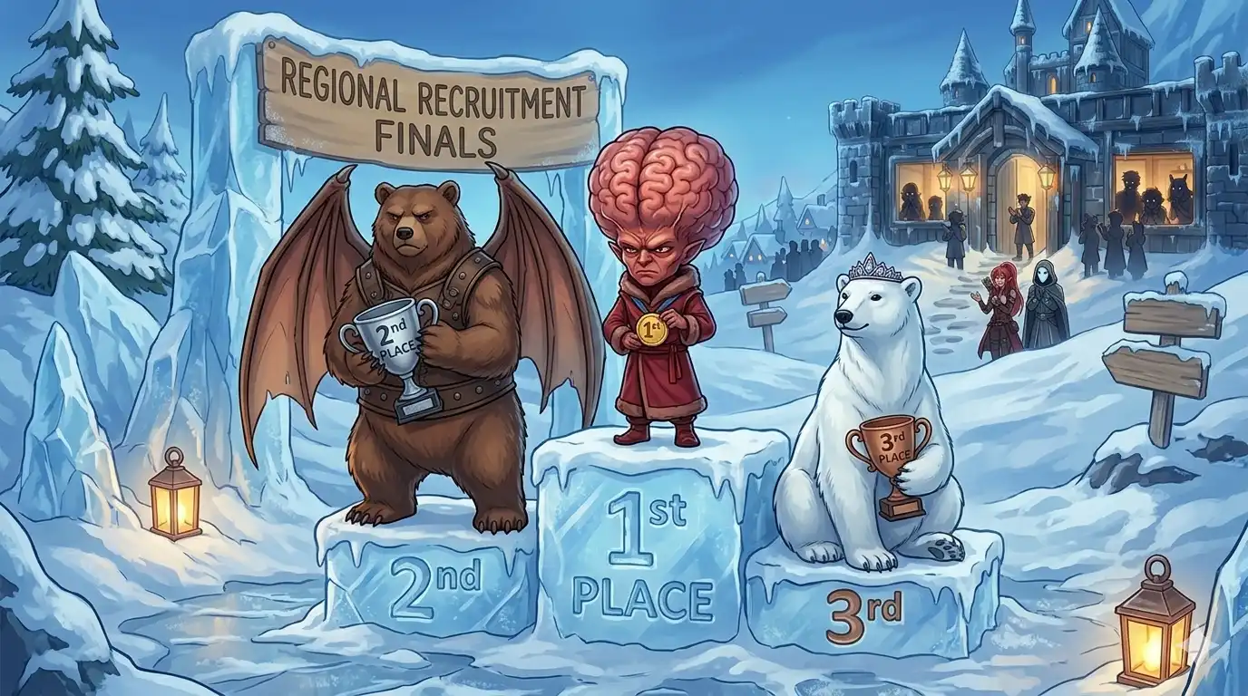 An anime-style snowy landscape featuring a winner's podium made of carved ice blocks. In the center, on the first-place pedestal, stands a short, stern-faced red humanoid character with an enormous, exposed brain wearing a gold medal. To his left, on the second-place pedestal, is a large brown bear with leathery bat wings holding a silver trophy. To the right, on the third-place pedestal, sits a regal polar bear wearing a sparkling diamond tiara and holding a bronze trophy. In the background, a cozy lit stone fortress and snow-covered trees complete the wintry scene.