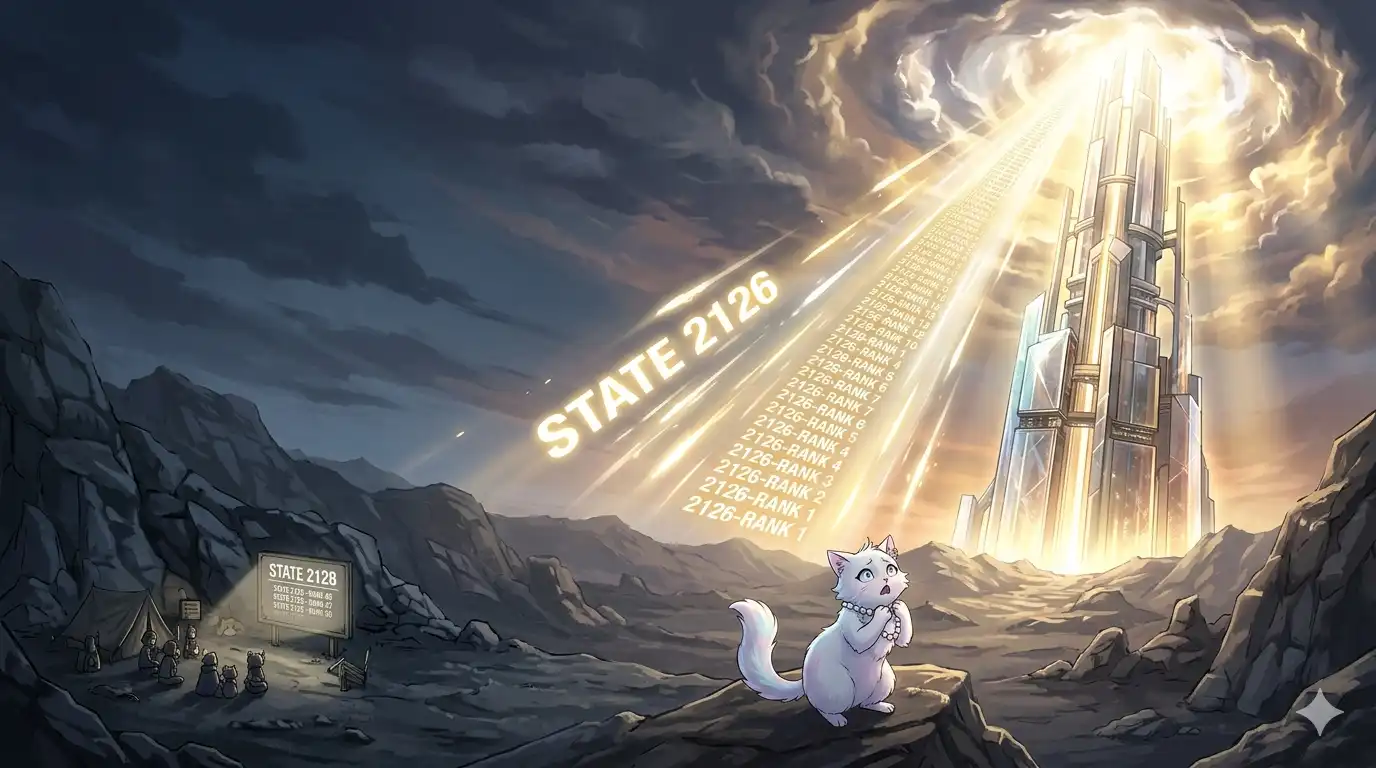 A prep leaderboard with 2126 players stacked dramatically at the top glowing with divine light, a tiny cluster of 2128 players huddled somewhere around position 47 looking up with binoculars, Catty Von Catacean in the foreground clutching her pearls