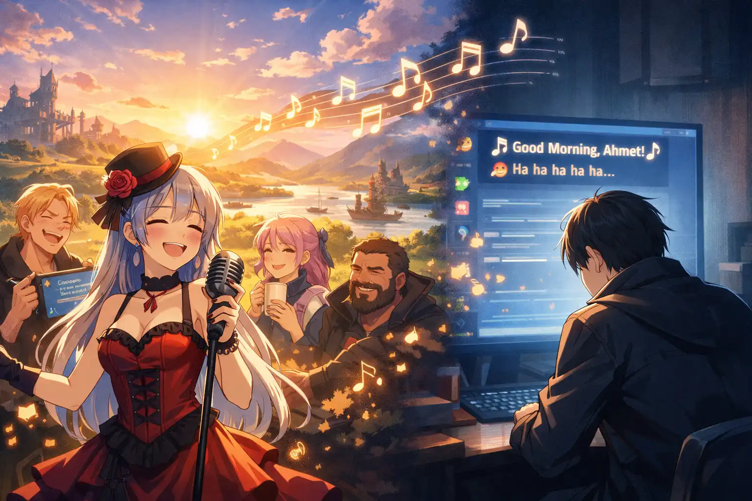 A cabaret-style illustration of musical notes drifting cheerfully across alliance chat while one listener stares at the screen in visible discomfort