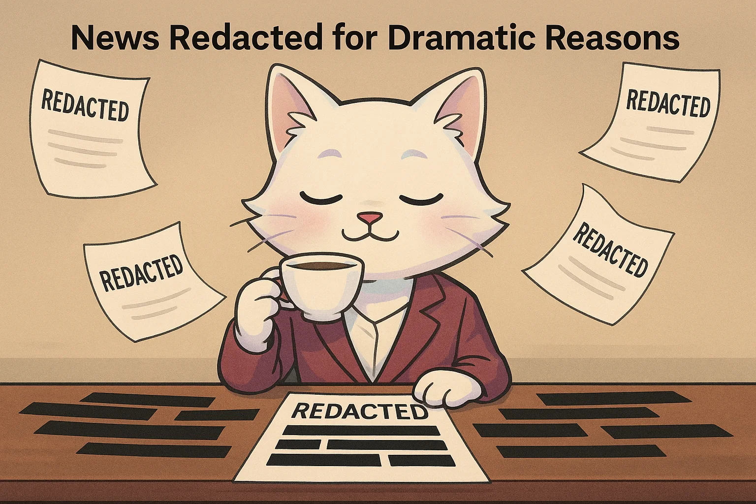 Catty von Catacean at a typewriter, the word RETRACTION visible on the page, expression of a cat who is sorry but not that sorry
