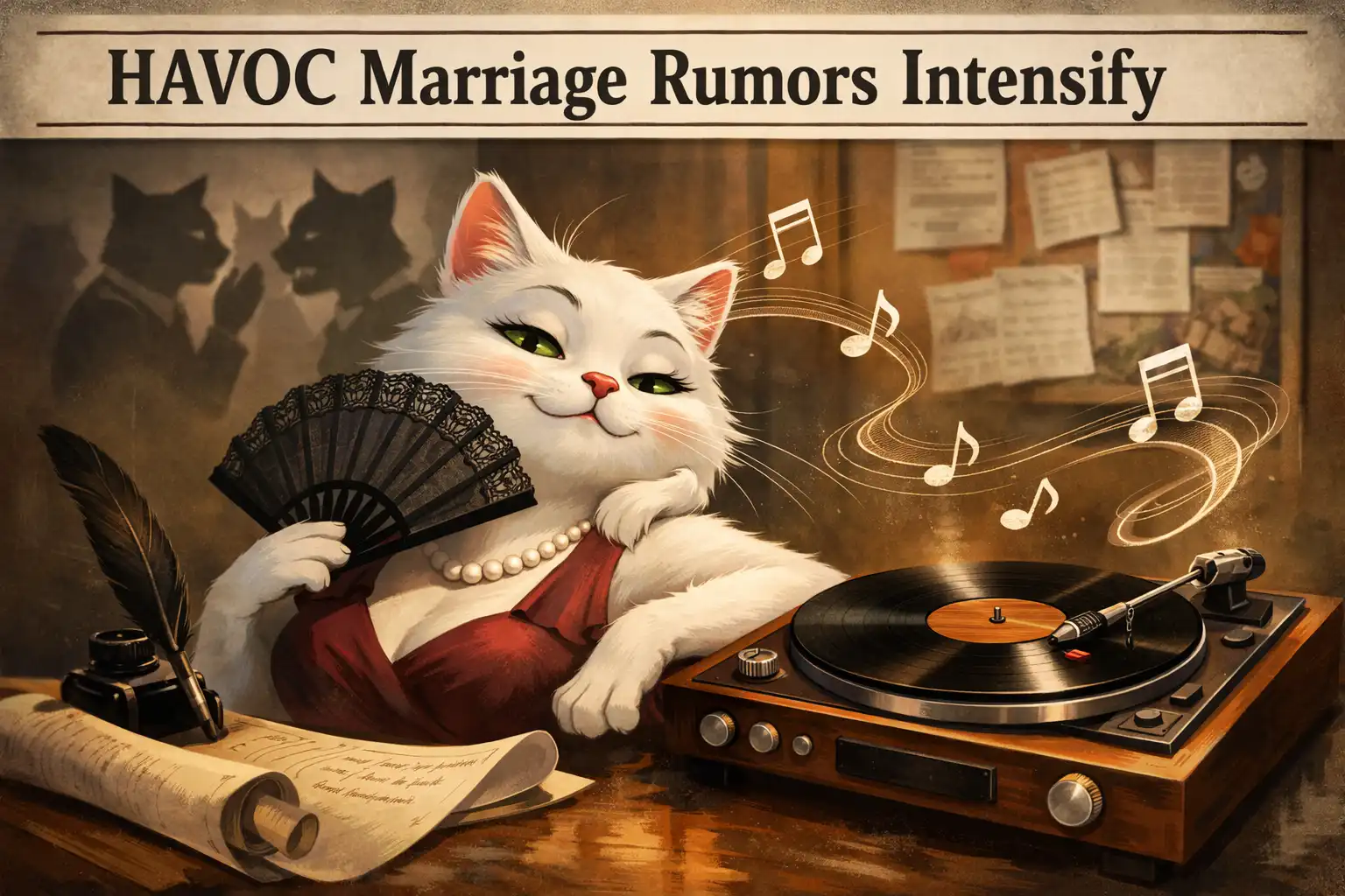 A smug white cat journalist fans herself while musical notes drift around a spinning record player
