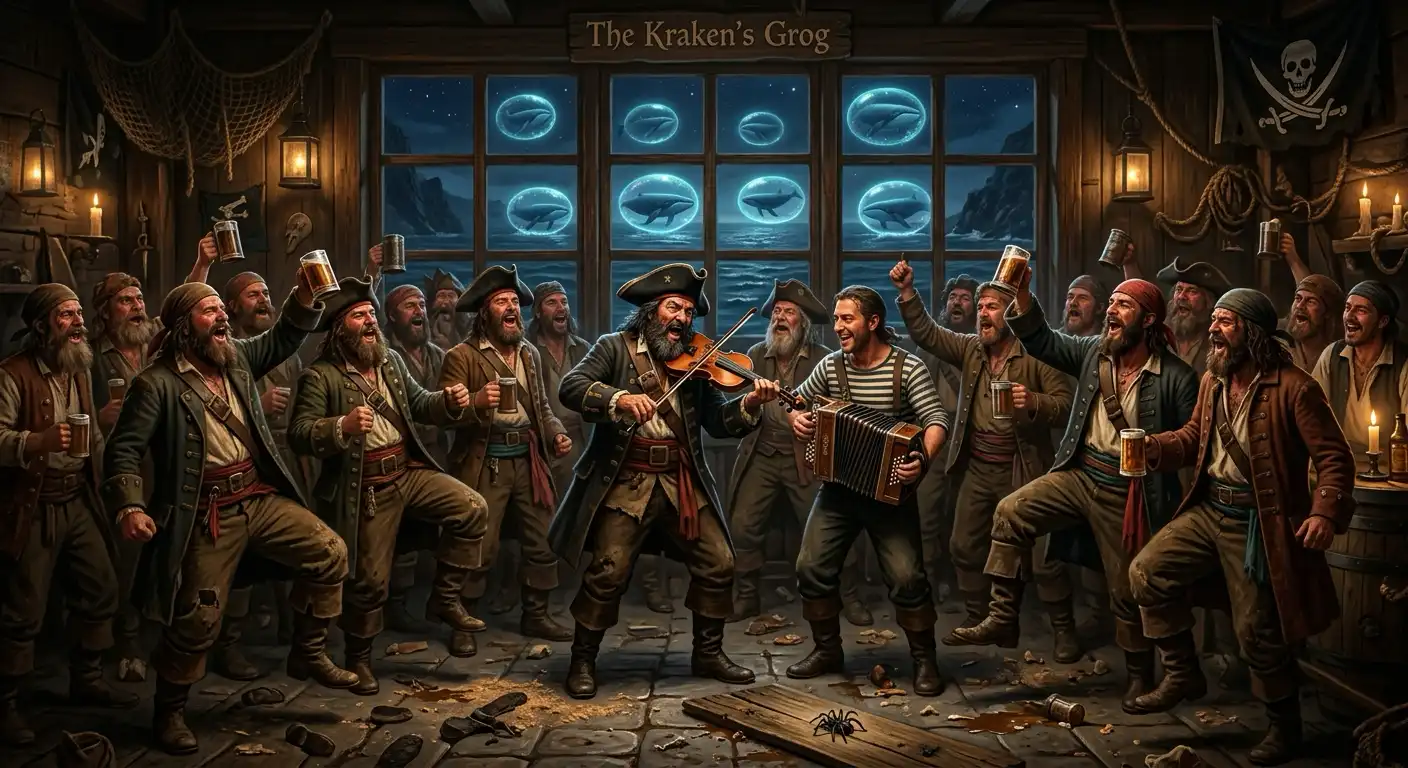 A rowdy tavern full of pirates singing a sea shanty, stomping their boots and raising mugs while a fiddler and a concertina player lead the song. Through the window behind them, eight large whales float in the sea, each sealed inside its own glowing bubble. A tiny dead spider lies on its back on the floor.
