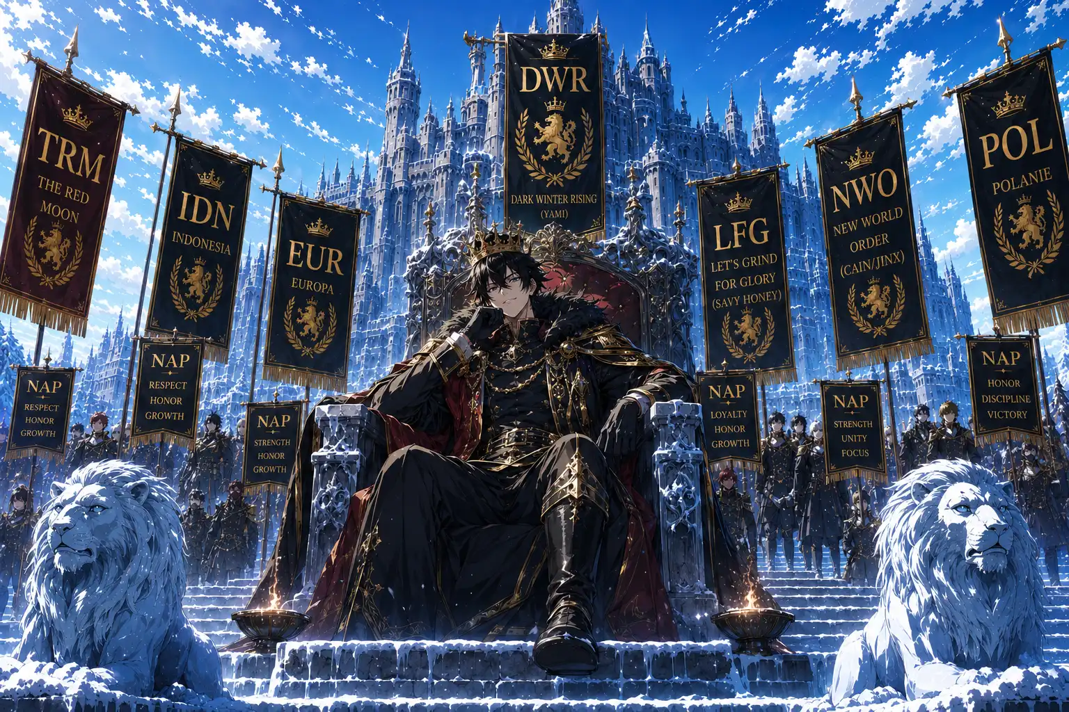 DWR banners flying over the first Sunfire Castle, Yami crowned president, a disciplined NAP coalition assembled behind him, frost and ambition in equal measure