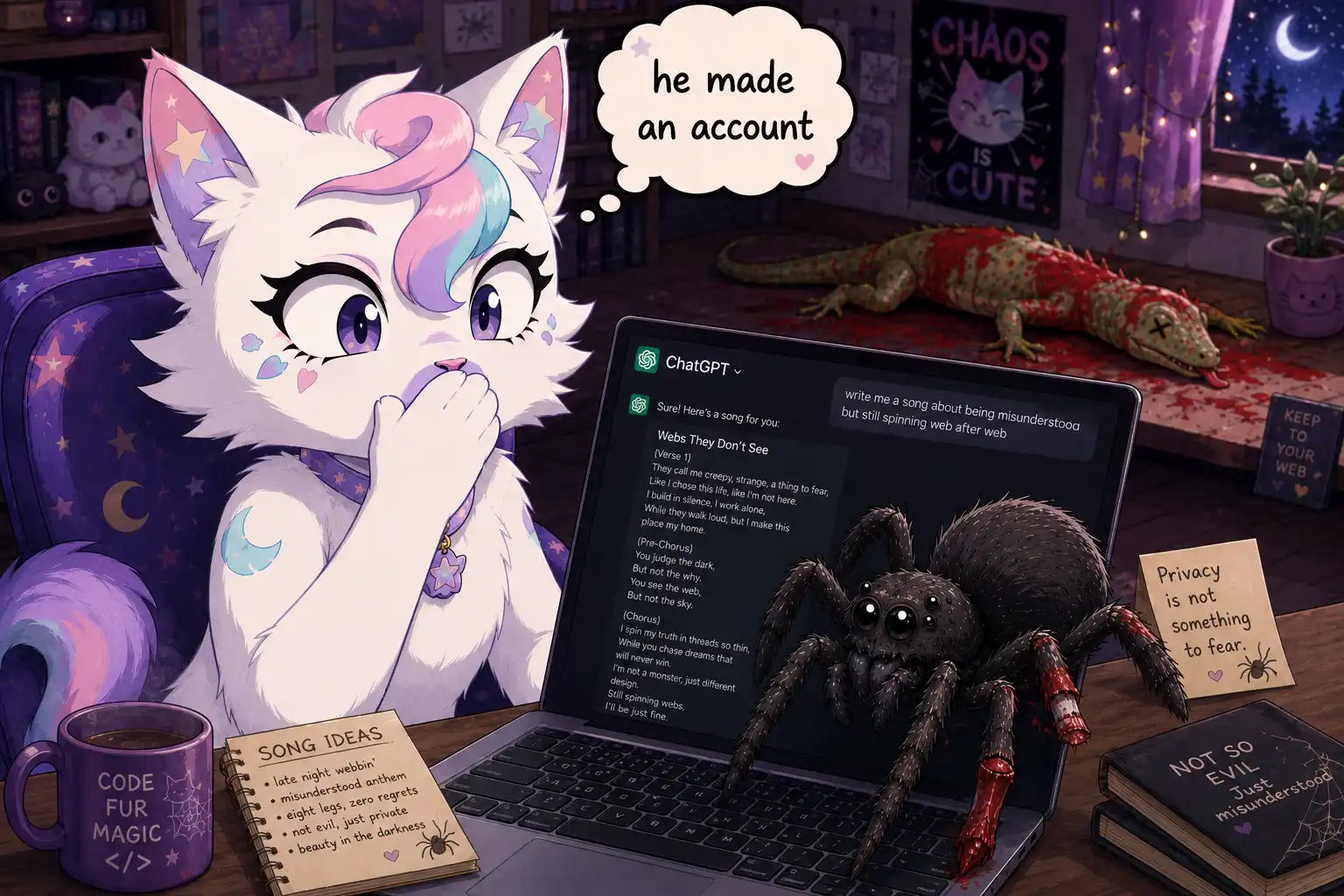 Catty von Catacean reading a printout of Spider's lyrics with one paw over her mouth, a sticky note on her monitor reads 'he made an account', Zar's spreadsheet visible on a second screen with a red error in the pivot table