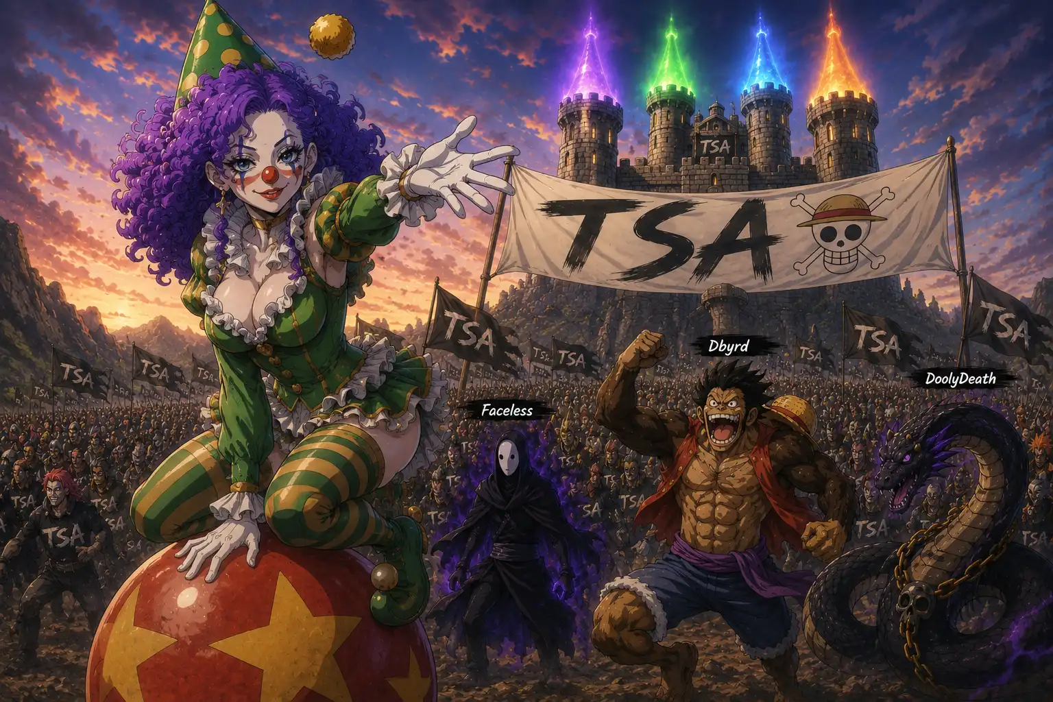 Wandyrer standing at the front of a massive coalition of players, TSA banner raised over a castle with all four turrets glowing, Dbyrd, Faceless, and DoolyDeath visible in the ranks, the scoreboard behind them showing State 2128 at the top