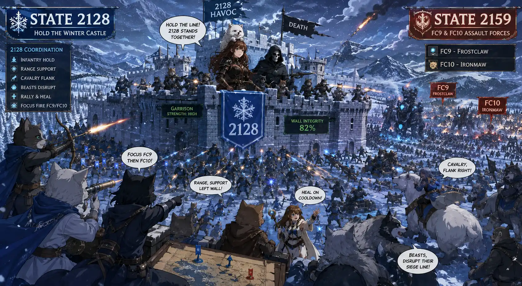 2128 troops holding the castle against 2159's FC9 and FC10 forces, Death visible in the garrison, coordination visible across the battlefield