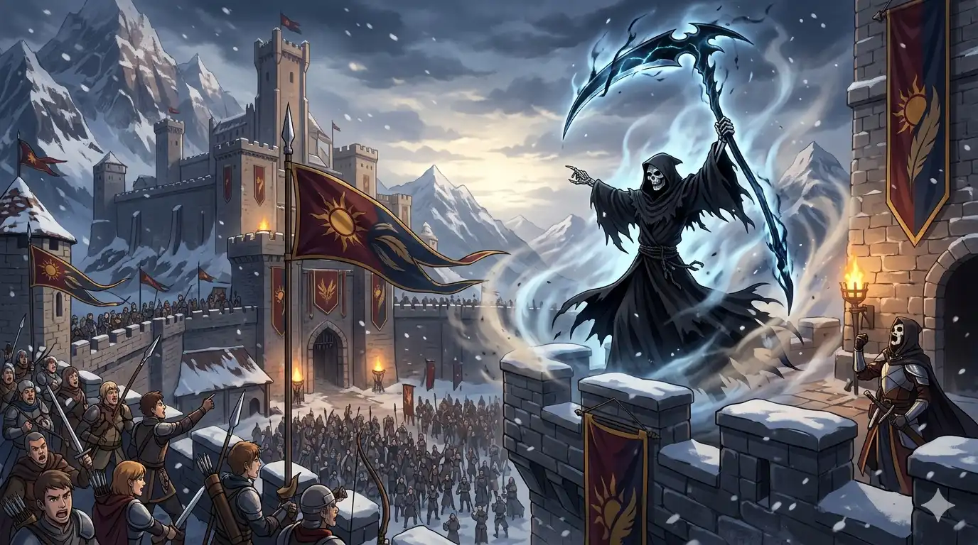 Death commanding rallies at the Sunfire Castle, garrison players visible holding the walls, castle banners freshly changed, battle energy at peak intensity