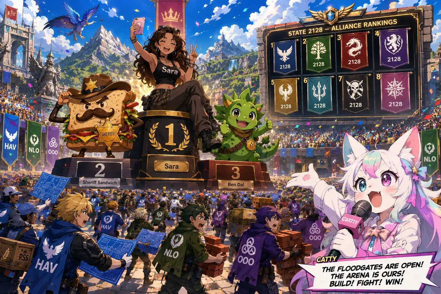 The top three players on the podium in first second and thrid place Sara is a brunette woman taking a selfie with a pink phone, Sheriff Sandwich is literally a sandwich with a badge and a mustache, and Ben Dal is a green something or other