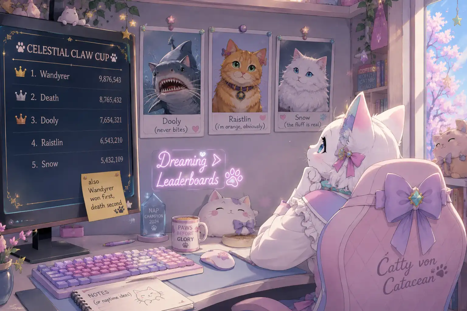 Catty von Catacean at her desk completely ignoring the leaderboard in front of her, instead gazing dreamily at three cat portraits pinned to the wall — a catfish hybrid, an orange cat, and a distant white cat from another state — a small sticky note on the leaderboard reads 'also Wandyrer won'