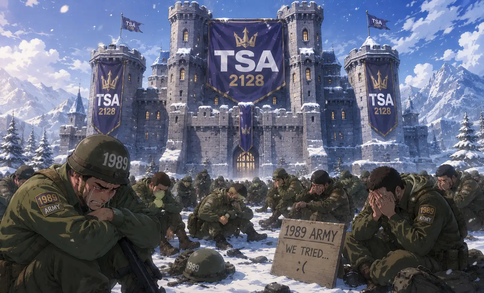 Catty von Catacean reporting live from the battlefield, Wandy visible in the distance holding a glowing castle, alliance banners from multiple alliances flying together, mood is chaotic but coordinated