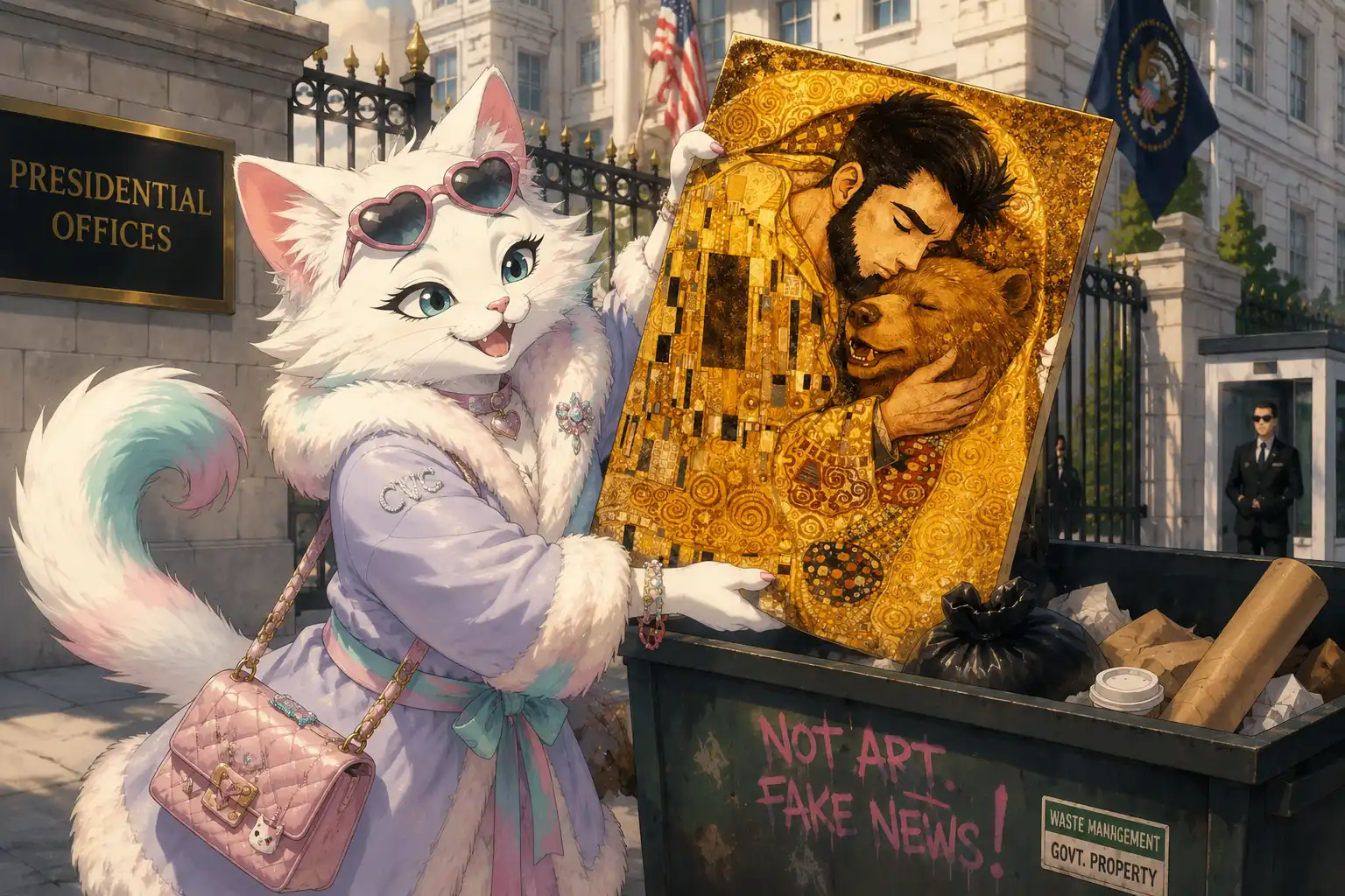 Catty Von Catacean holding an enormous gold Klimt-style painting of a handsome man tenderly embracing a bear, fishing it out of a bin outside the presidential offices, expression of someone who has found exactly what she was looking for