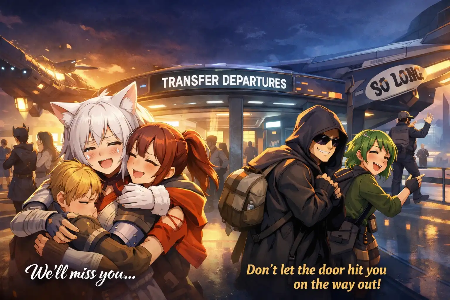 Anime-style emotional farewell scene with Catty tearfully hugging beloved departing players on one side while in the background others sneak away and nobody notices or cares