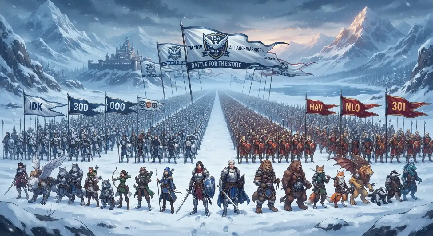 Two full teams assembled in formation, TSA banners visible, state players from multiple alliances standing together ready for tournament battle