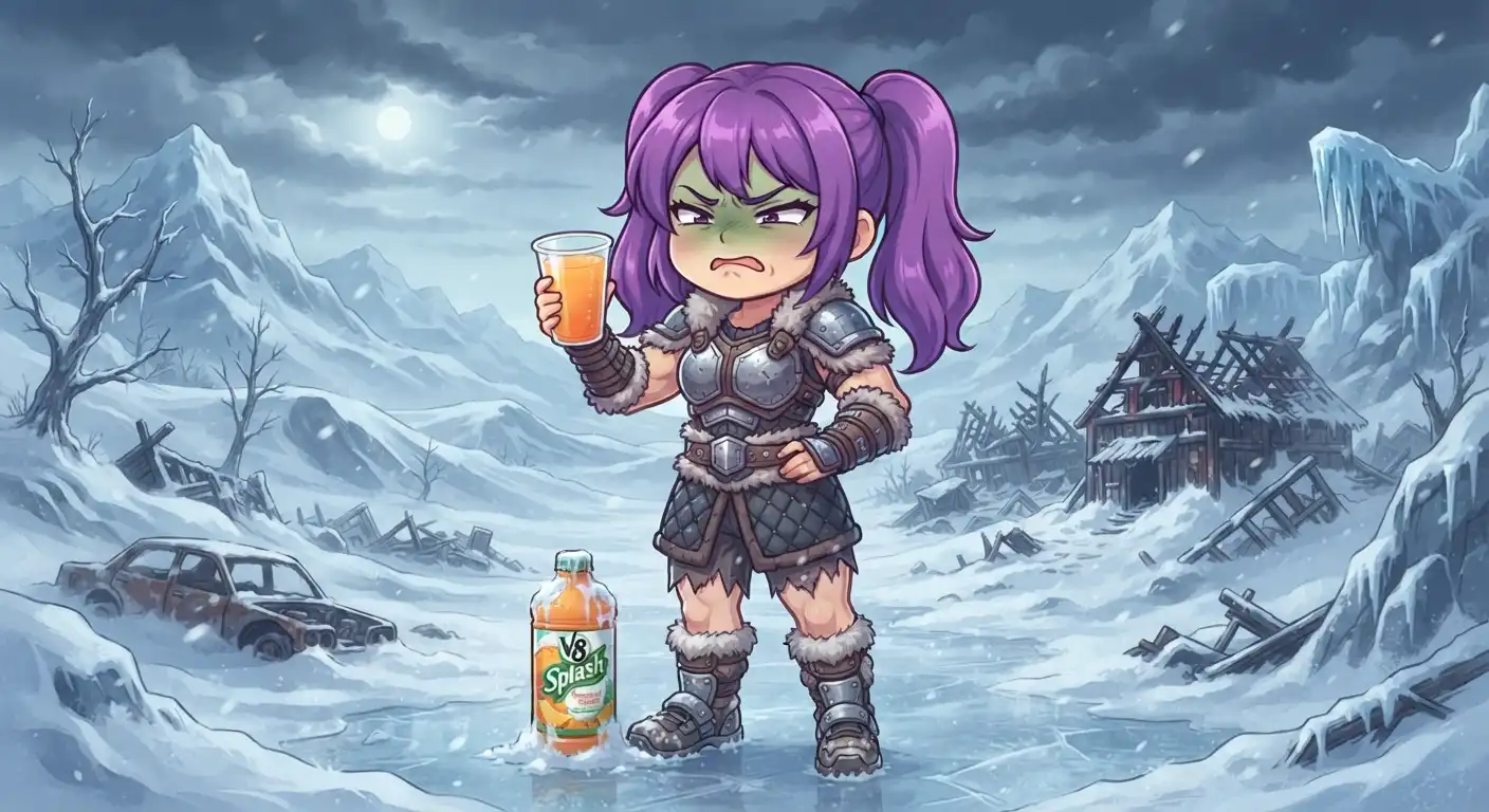 A small furious warrior with purple pigtails standing in a frozen wasteland in full battle armor, holding a glass of orange juice with a disgusted expression, a bottle of V8 Splash Tropical Blend sitting in the snow beside her, ruined buildings and an abandoned car in the background, the apocalypse secondary to the beverage situation