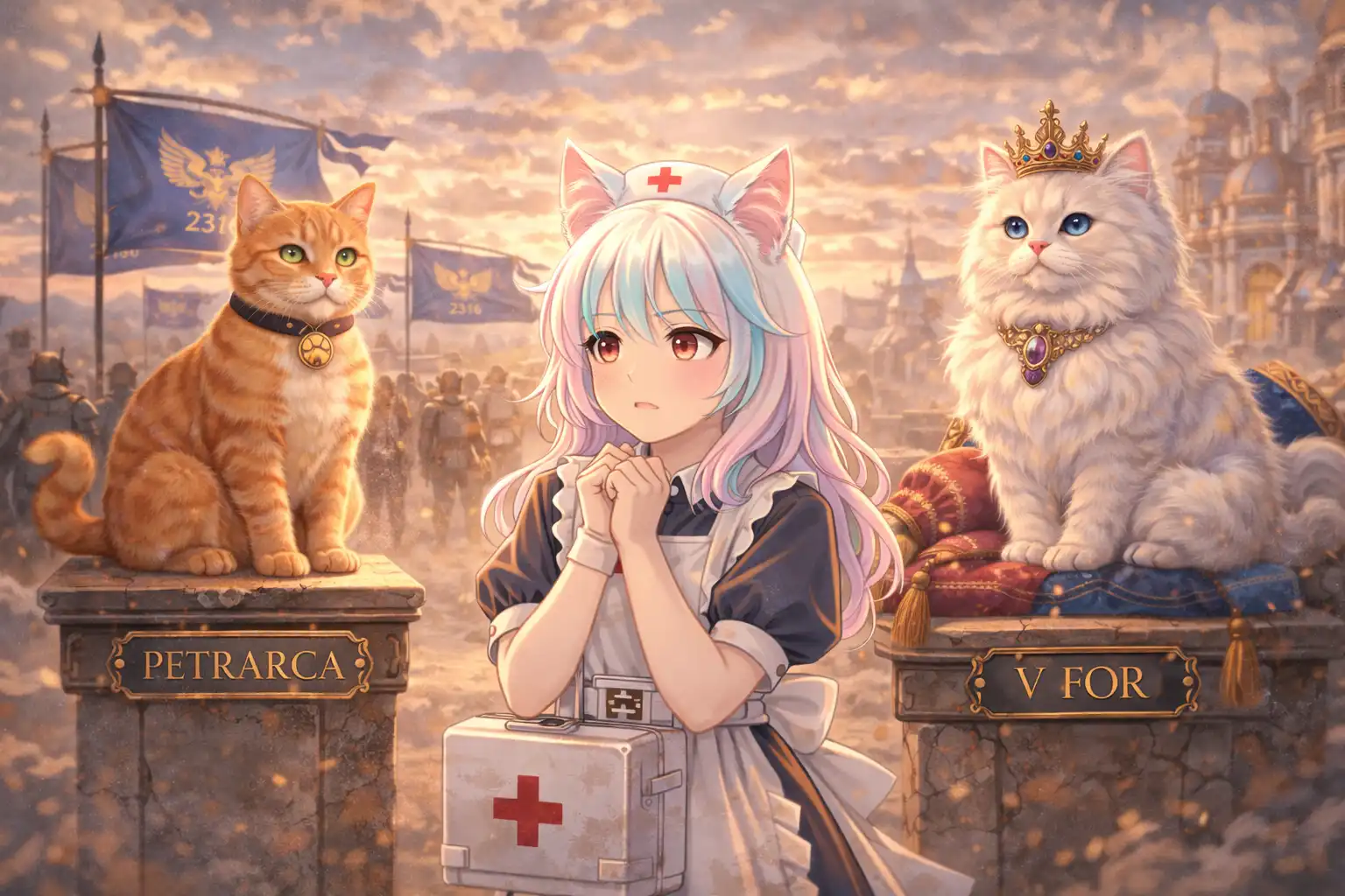Anime-style landscape of Catty von Catacean standing between two pedestals—one featuring the orange tabby Petrarca and the other featuring the luxurious Persian V FOR, looking utterly torn