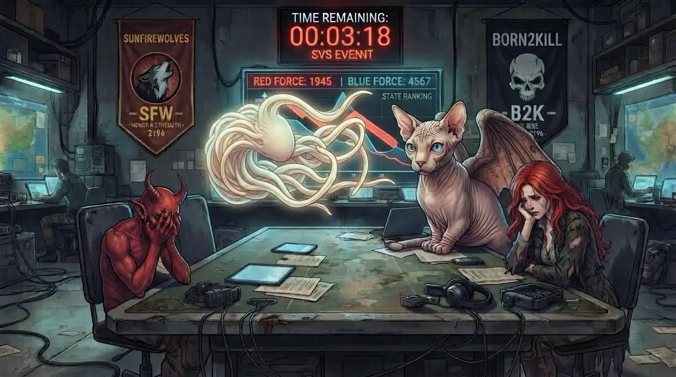 A war room in State 2196, commanders slumped over a table staring at a scoreboard trending the wrong direction, one player with their head in their hands, alliance banners from SunfireWolves and BORN2KILL hanging limp in the background, a clock on the wall showing time running out