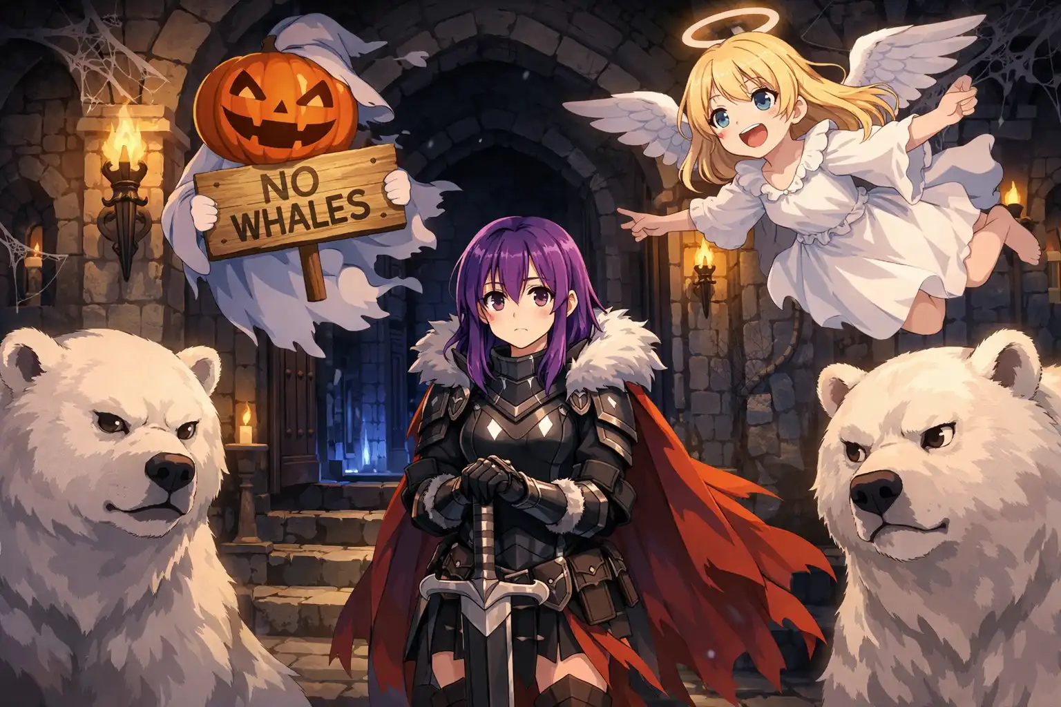 Whaleslaughter standing uncertainly in a spooky LFG entrance, bears eyeing her suspiciously, two gleeful ghosts swooping overhead looking very much at home, one is holding a sign that says no whales