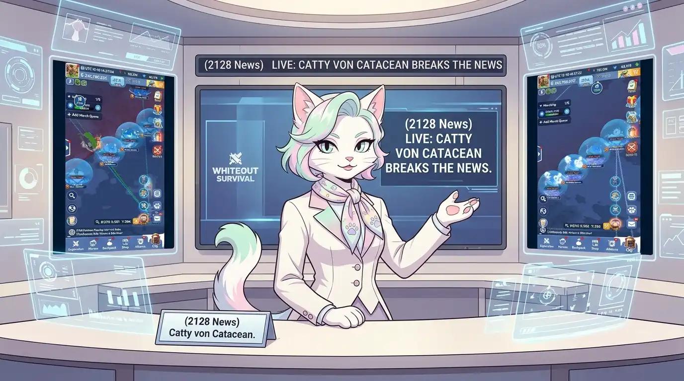 Catty von Catacean, a white cat with pastel hair in a cream blazer and paw-print scarf, stands at a news desk under a banner reading 2128 News, Live: Catty von Catacean breaks the news. On either side of her, two tall screens show Whiteout Survival map screenshots of cities sitting under blue shield bubbles next to a battlefield.