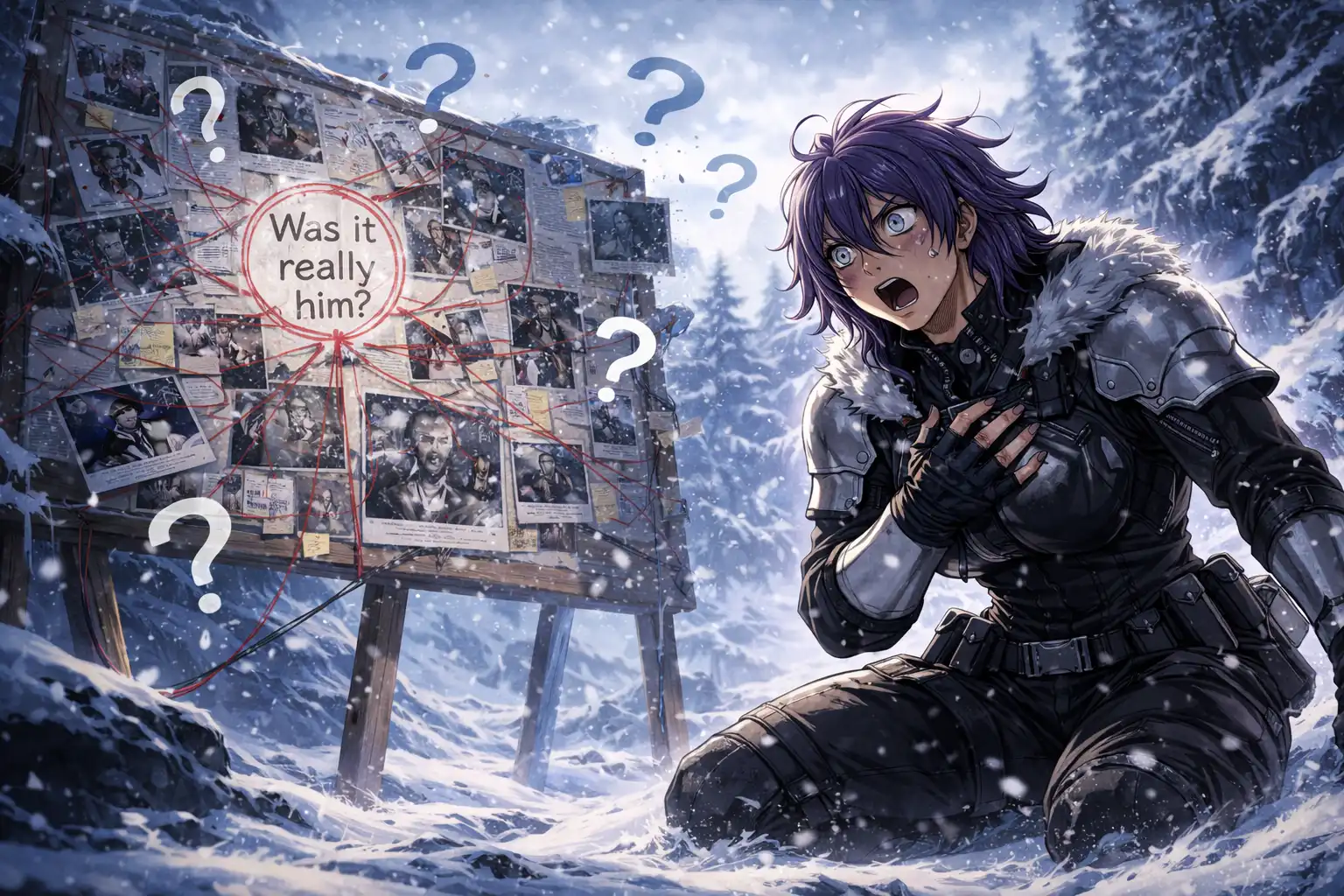 Anime-style Whaleslaughter collapsed dramatically while staring at chat message, question marks and conspiracy theory strings connecting to 'Was it really him?' in the background