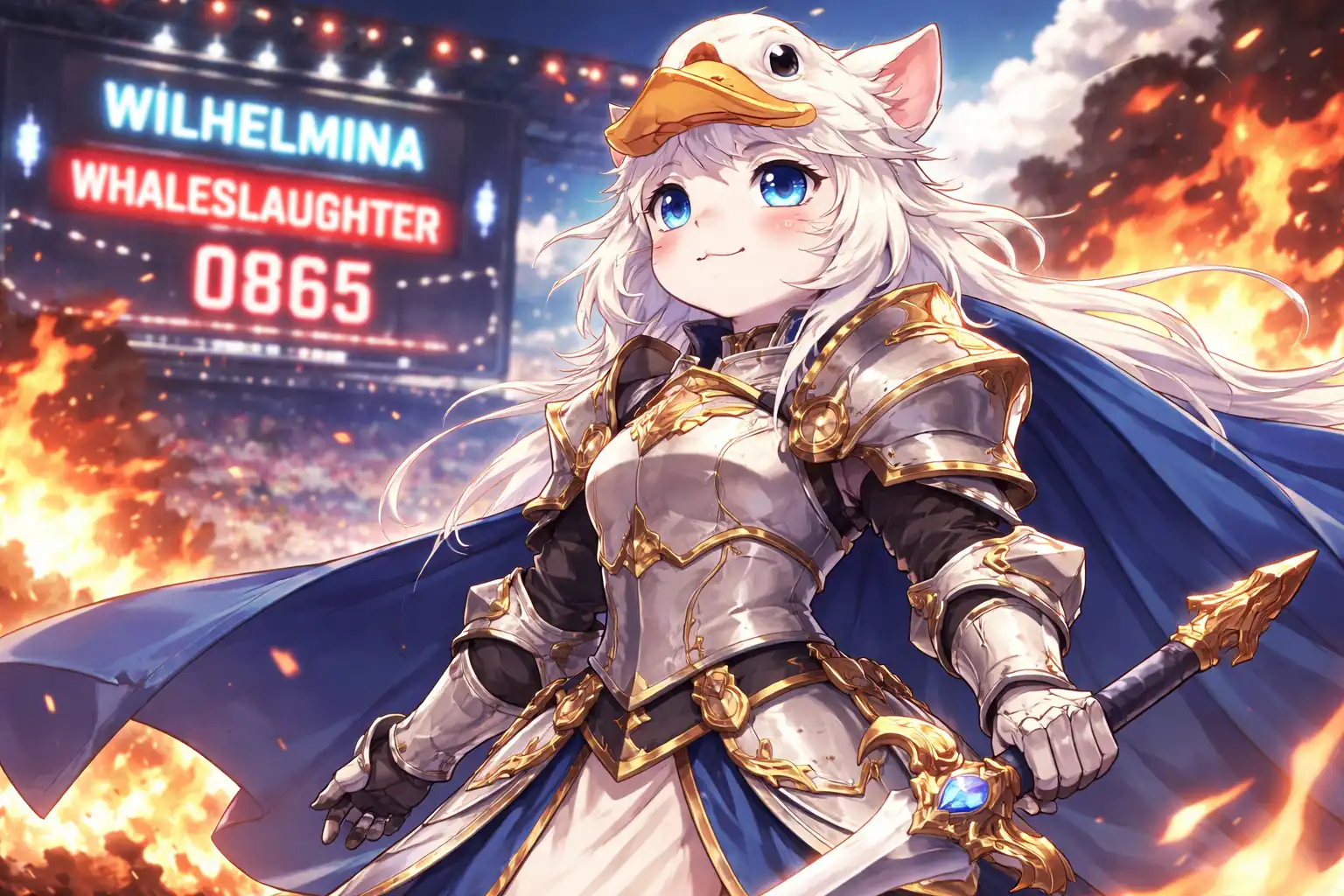 Wilhelmina in full battle armor looking magnificent and principled, a small fire visible behind her that she is definitely not responsible for, Whaleslaughter's name visible on a scoreboard in the background, Wilhelmina not looking at it but aware of it
