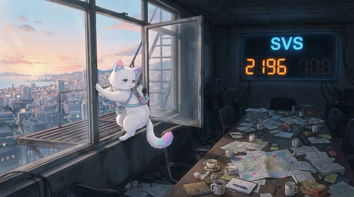 A cat reporter climbing down from a windowsill at dawn, the war room behind her dark and empty, a single scoreboard still glowing showing 2196 ahead, but the table covered in plans and notes and empty coffee cups suggesting a room that fought hard