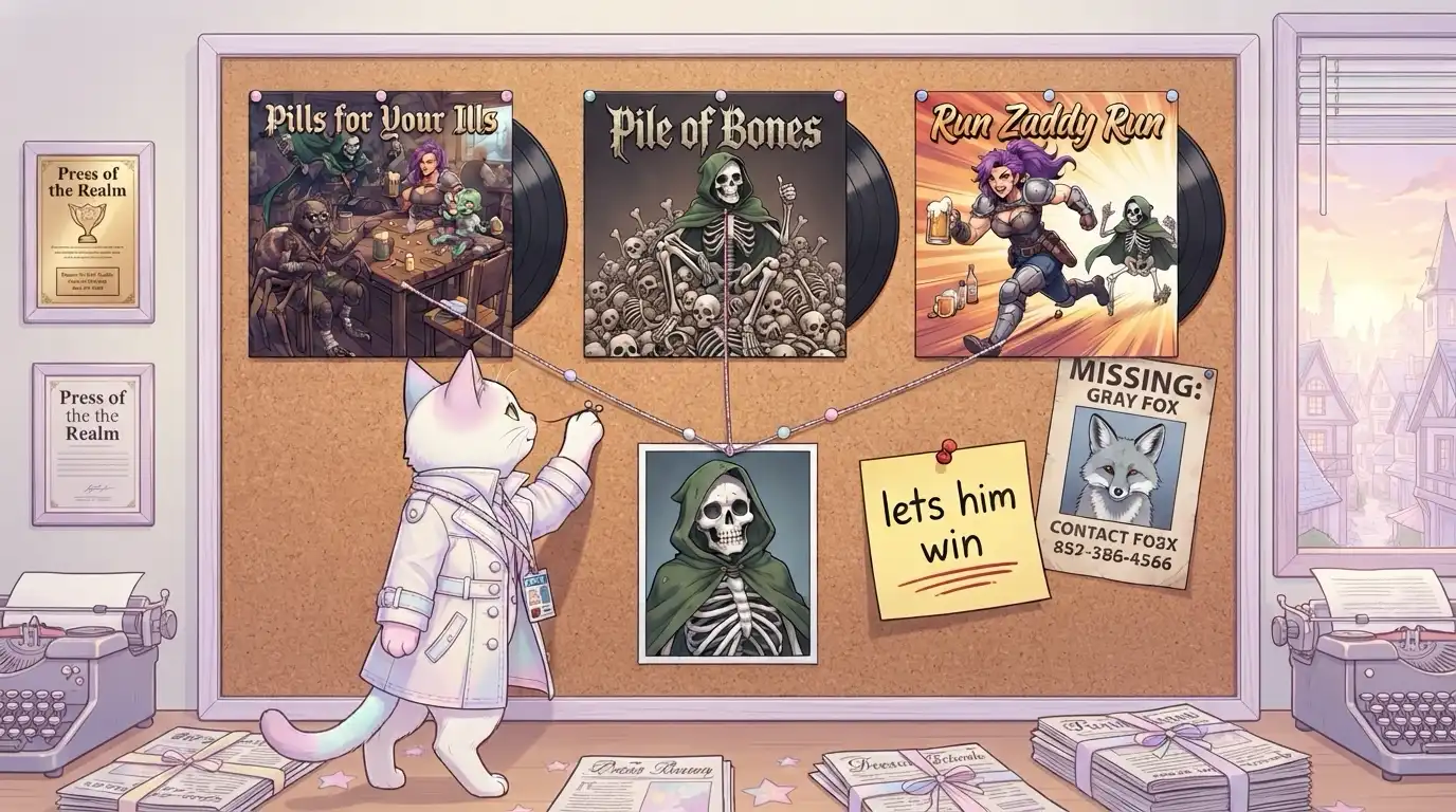 A white cat in a white trench coat pinning string to a corkboard. Three album covers with vinyl records are pinned in a row, titled Pills for Your Ills, Pile of Bones, and Run Zaddy Run. The third cover shows a purple-haired warrior woman holding a beer mug and running, with a skeleton in a green cape chasing close behind her. String runs from all three covers to a portrait of the same skeleton in a green hood. Beside it are a yellow sticky note reading lets him win, underlined, and a missing poster for a gray fox.