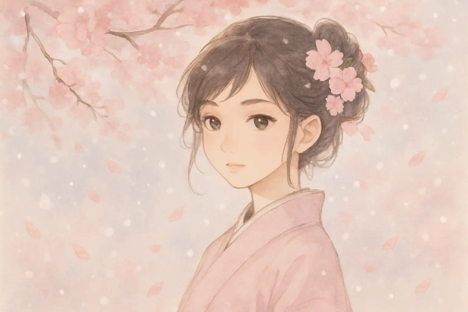 Soft anime-style portrait of an Asian girl standing under blooming cherry blossoms, painted in a gentle pastel style. Snow drifts around her as she looks calmly toward the viewer, serene but unmistakably confident. 2:1 landscape composition with pale pink petals drifting through the air.