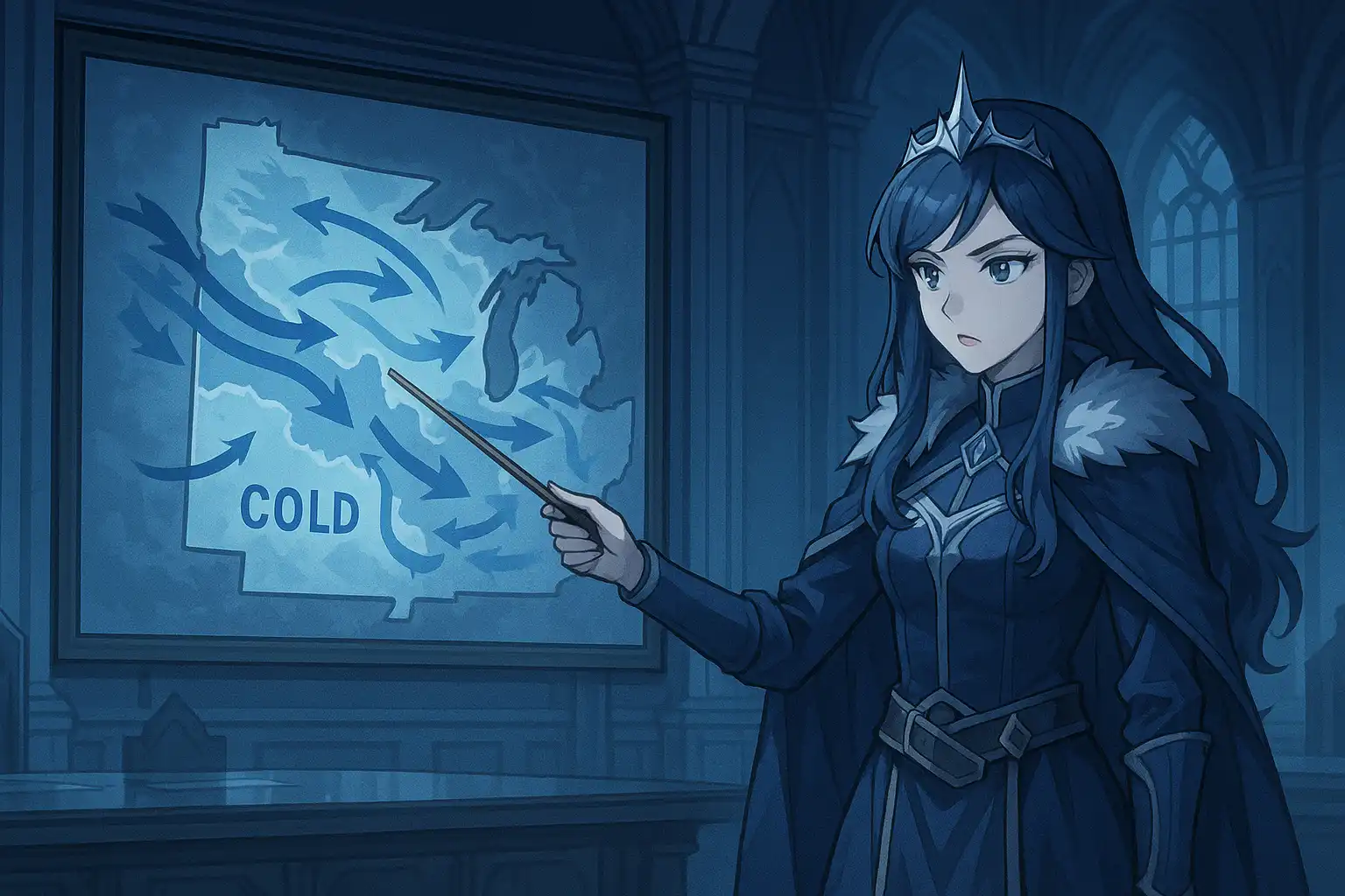 Anime-style royal meteorologist presenting a map of icy emotional weather fronts drifting across a palace war room, chilly blue tones, true 2:1 landscape