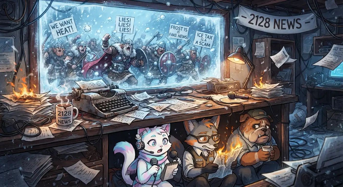 An anime-style newsroom desk cluttered with burning papers, a smoking coffee mug, and a battered typewriter while an angry mob of Viking-helmeted warriors holds up protest signs like 'FROST IS FAKE NEWS' and 'ICE TAX IS A SCAM' outside the frosted window. Catty, Griff, and Greigh hide under the desk looking terrified