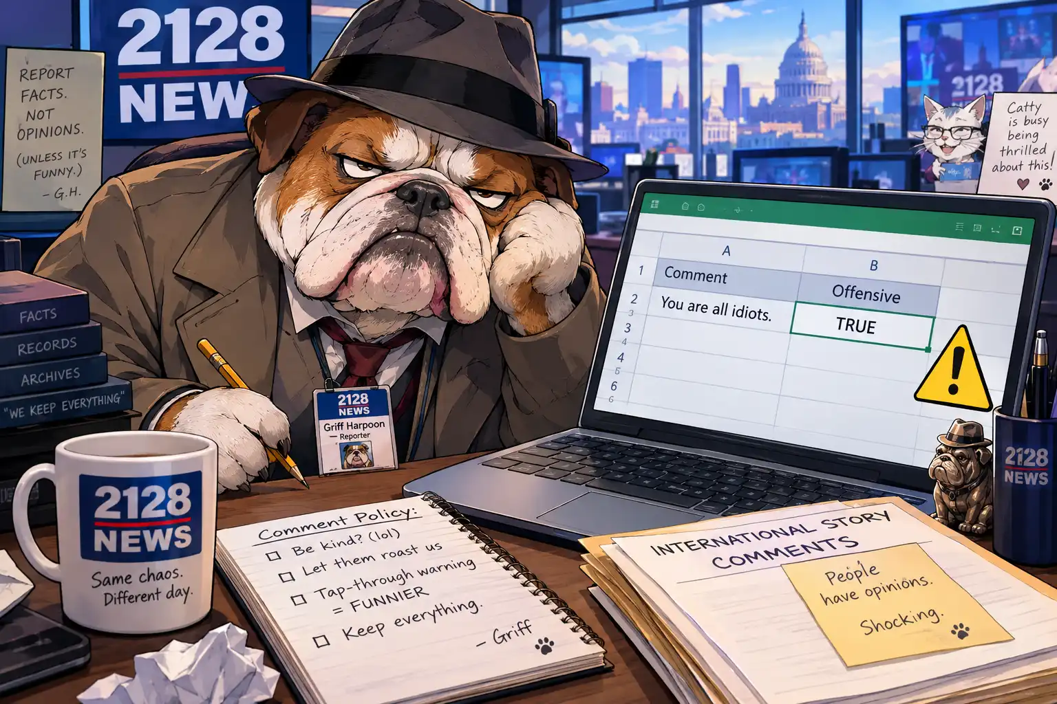 Griff Harpoon the bulldog in a trench coat and fedora sits at his desk looking exhausted, writing a comment policy by hand while a laptop shows a Supabase spreadsheet flagging a comment as offensive, with sticky notes reading Catty is busy being thrilled about this and People have opinions Shocking, a mug that says Same chaos Different day, and filing cabinets labeled We Keep Everything