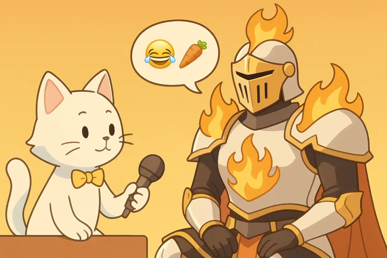 Anime-style interview scene with a white cat reporter and a calm armored figure, speech bubbles filled with thinking and candy emojis, playful yet mysterious mood, true 2:1 landscape