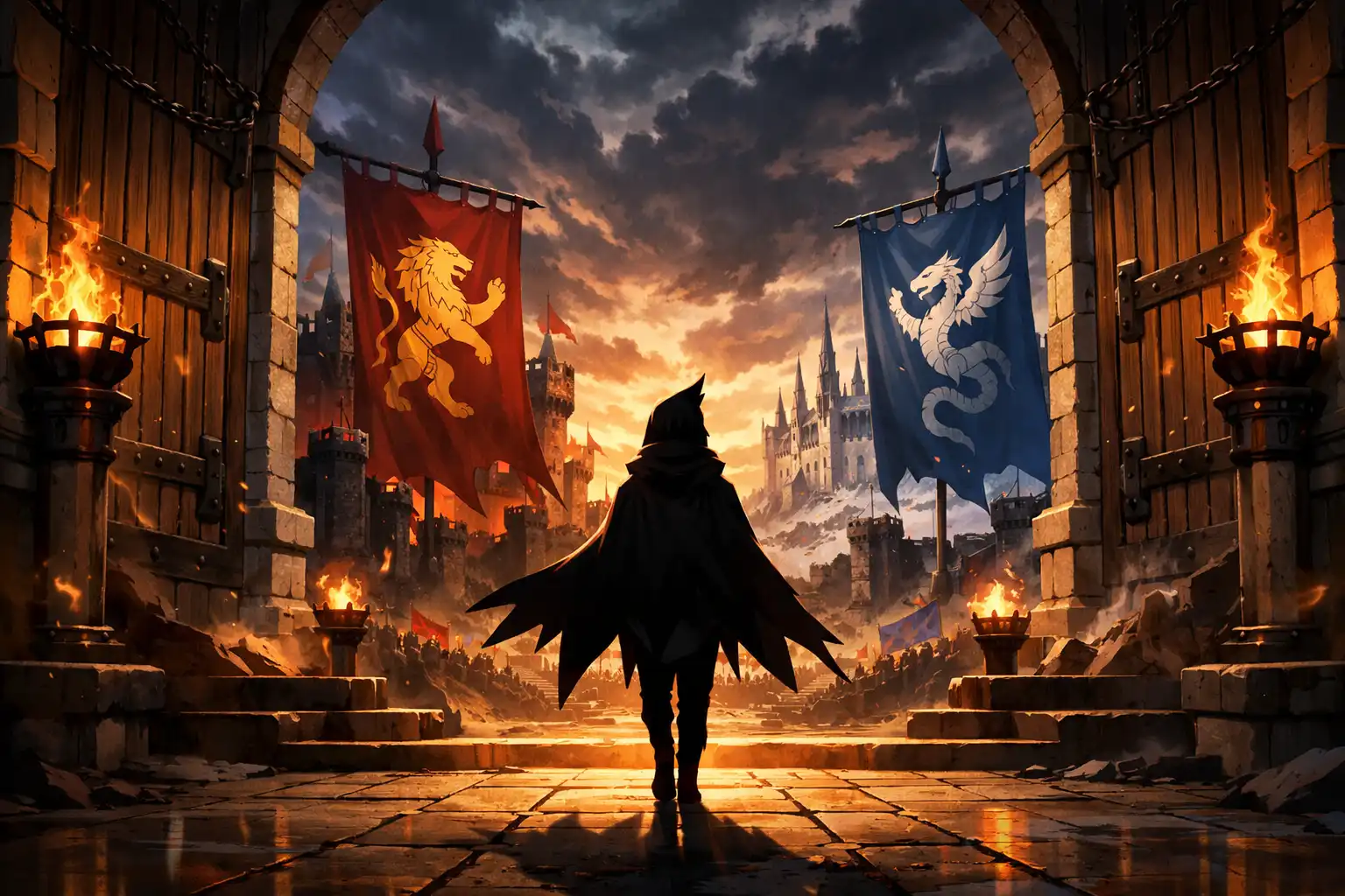 A lone bird-shaped silhouette departs a fortified alliance hall while rival banners loom in the background, heavy with tension and irony.