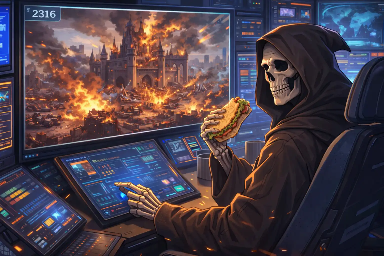 Documentary-style landscape of a high-tech command center where a player named 'Death' is calmly tapping his screen with one hand while holding a half-eaten sandwich in the other, while the 2316 castle defense explodes on the monitor