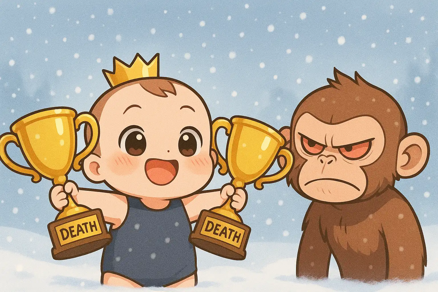 Chibi baby character holding two trophies with smug confidence beside an angry cartoon monkey, anime-style, snowy winter battlefield background, falling snow, dramatic lighting, playful rivalry, true 2:1 landscape