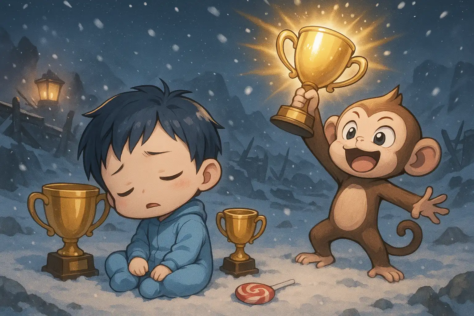 Chibi baby death asleep with a dropped lollipop while a triumphant cartoon monkey holds a glowing crown, anime-style winter battlefield, falling snow, soft lantern light, playful rivalry, true 2:1 landscape