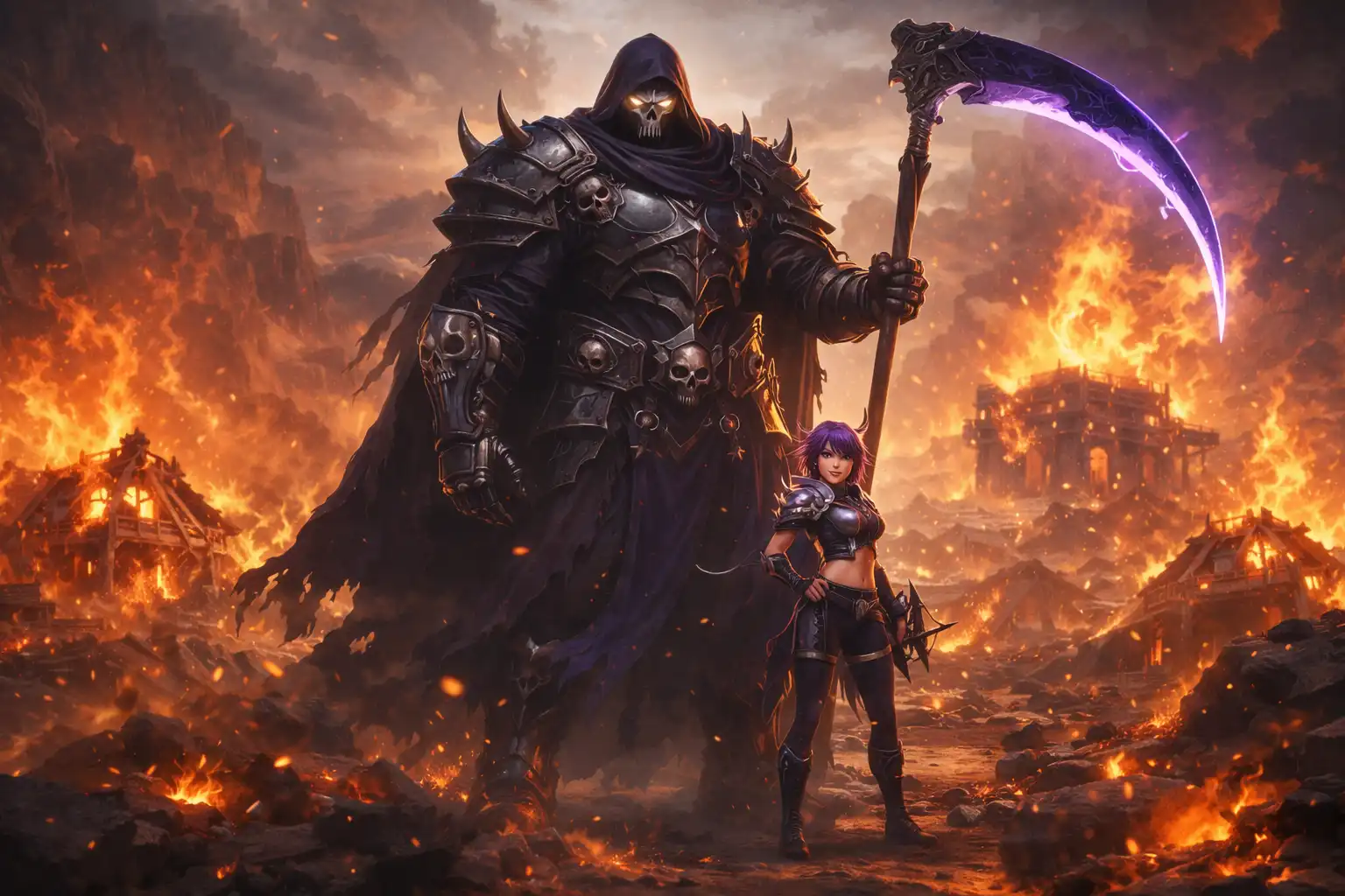 A canyon battlefield littered with defeated burning forts while two figures stand calmly amid the chaos, one clearly overpowered