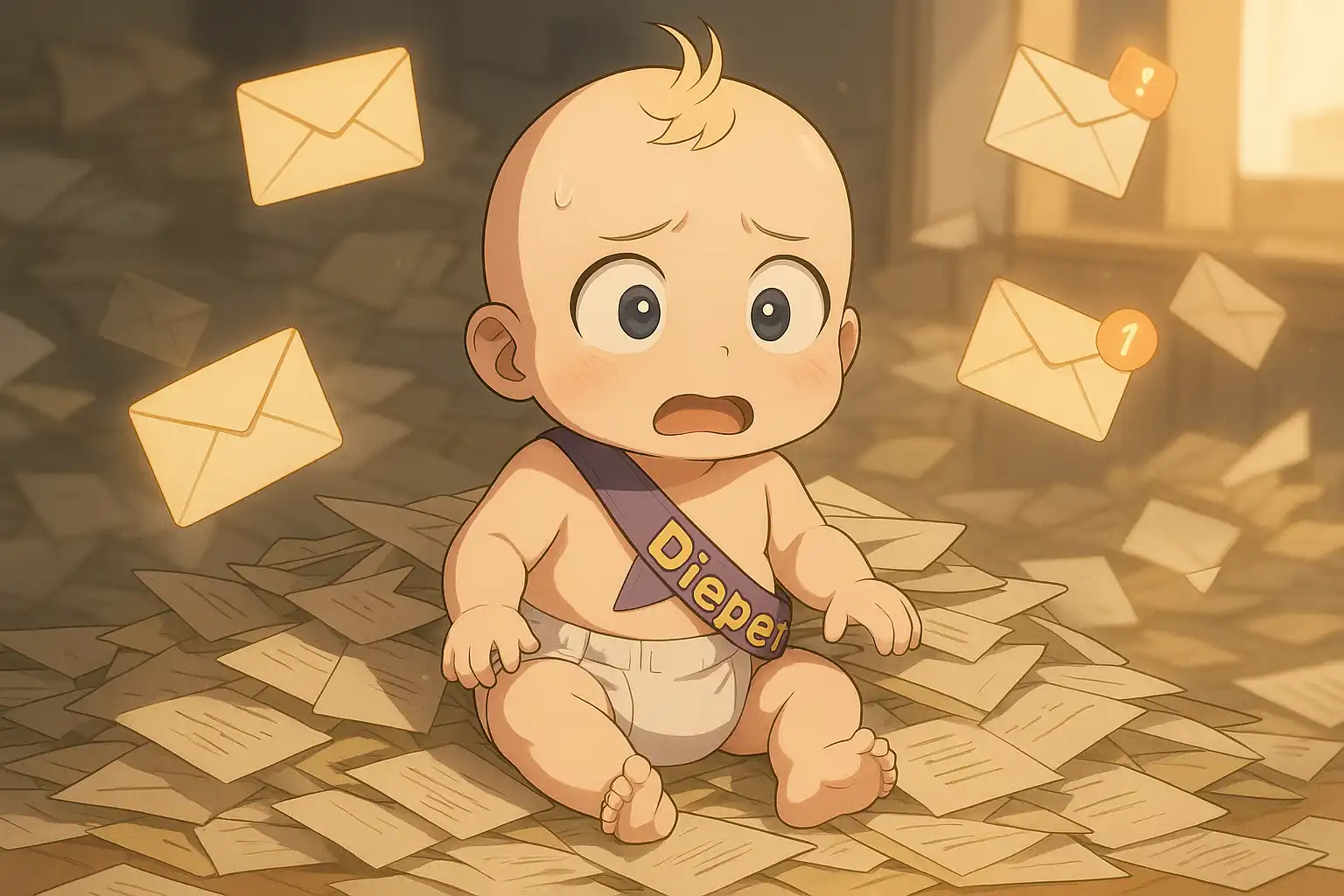 Anime-style scene of Dieper buried in alliance mail, eyes wide with regret, while Whaleslaughter lounges behind glass with a smug grin and a frosted cocktail.