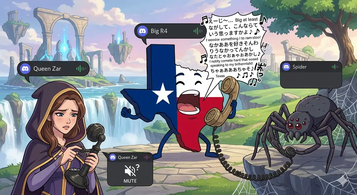 A Discord voice channel showing Big R4, Queen Zar, and Spider as active participants, one of them has been talking for several minutes without stopping, the others have not yet figured out how to mute