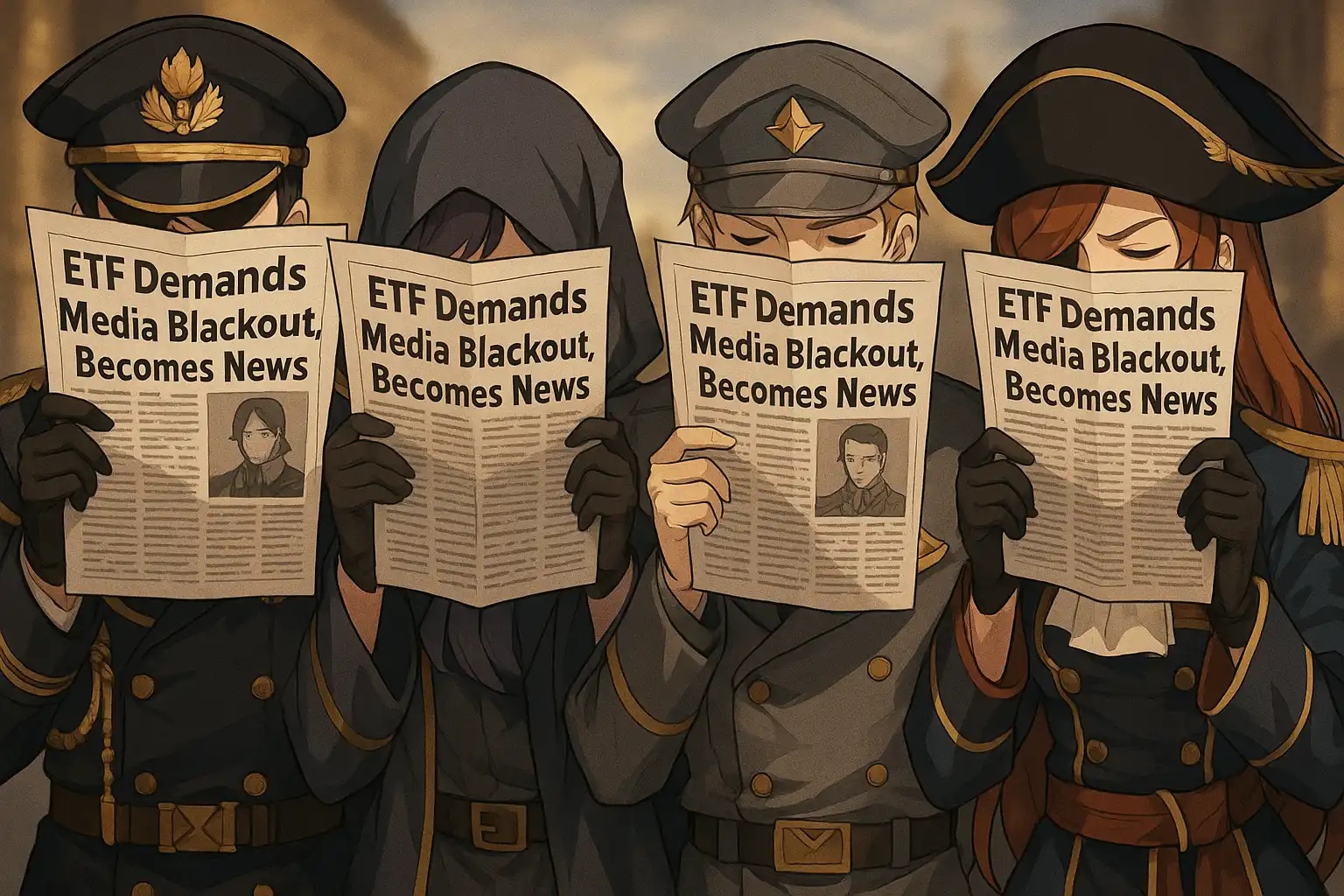ETF leaders seated around a grand table under candlelight, pretending not to read the BIA newspaper they're clearly holding. Expressions range from dignified denial to quiet panic.