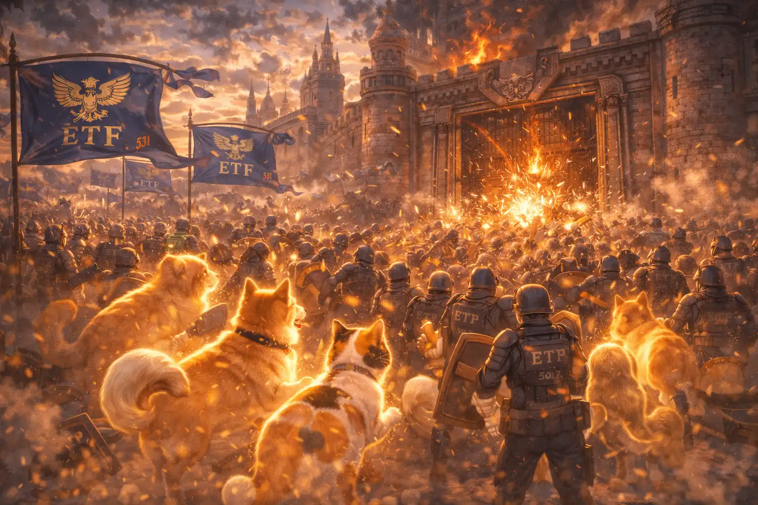Documentary-style landscape of a massive ETF rally slamming into the castle gates with renewed energy, sparks flying and pet auras glowing bright gold