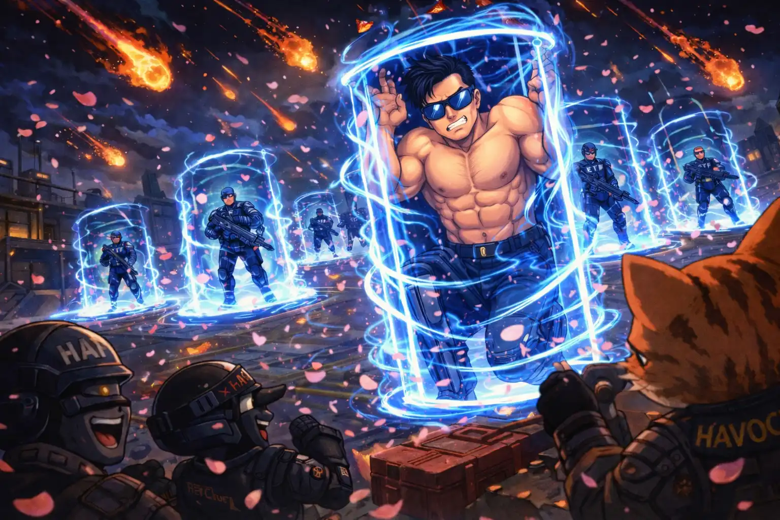 Anime-style scene of multiple ETF top players dramatically teleporting into a facility battlefield in flashes of light while HAVOC watches with amused expressions, Mr. Muscles standing confidently at the center