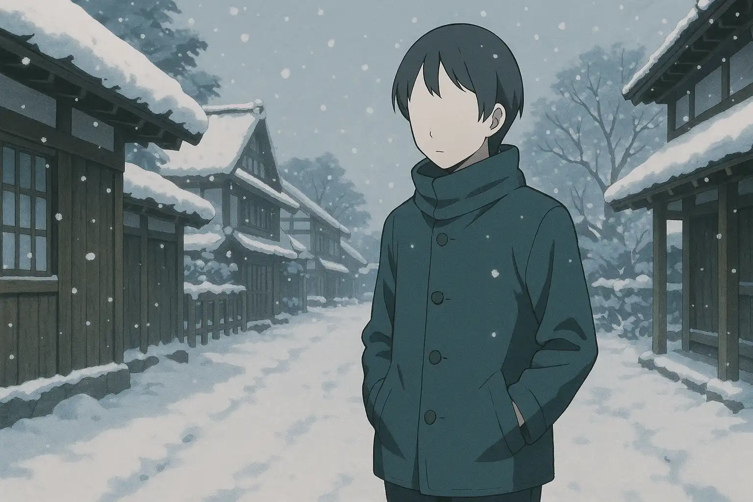 Anime-style calm figure walking through a snowy village with hands in pockets, snowflakes drifting past, expression unreadable, speech bubble with a flat-lined face emoji 😑 floating behind, 2:1 landscape