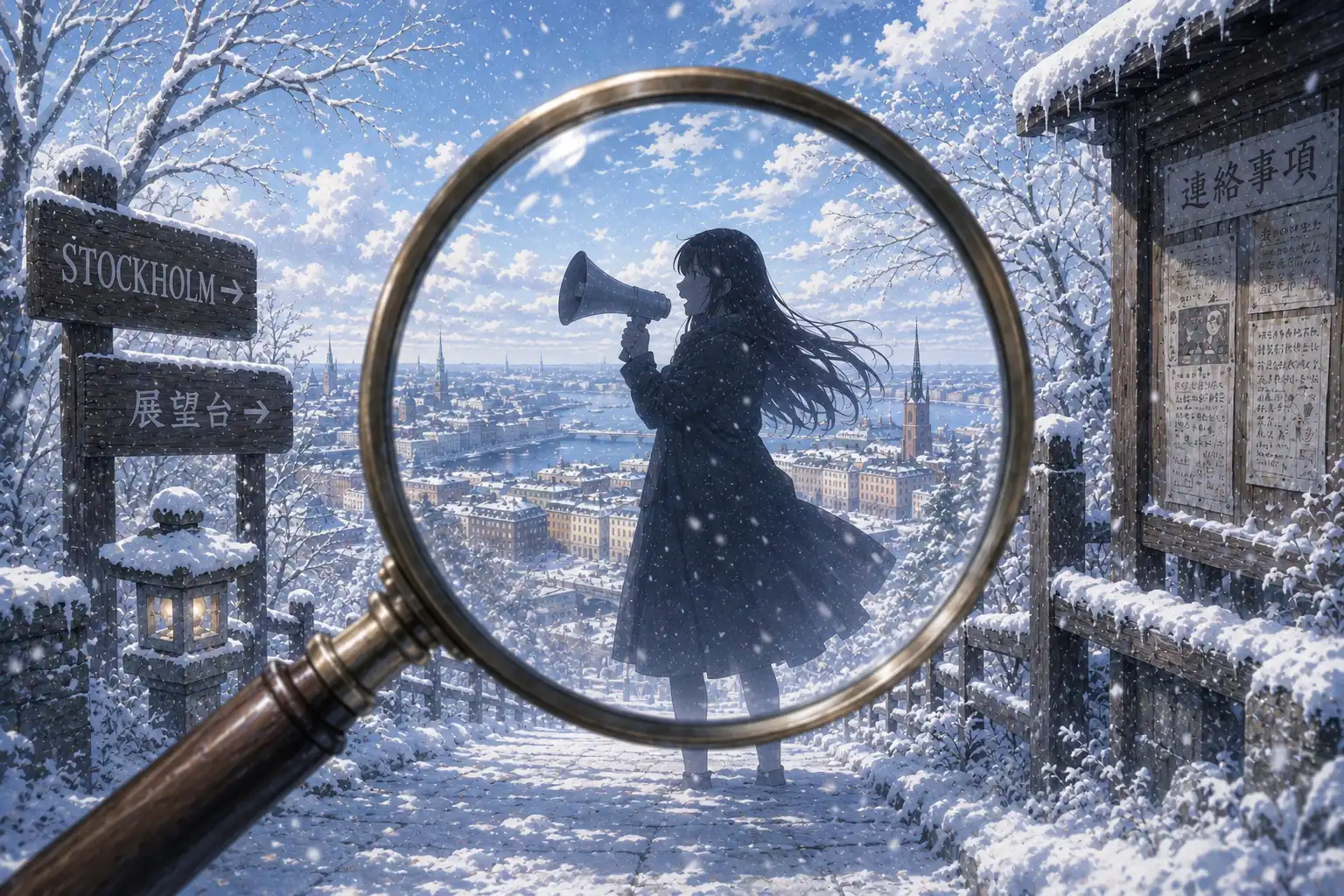 A magnifying glass held up against a snowy cityscape revealing a mysterious dark-haired woman holding a megaphone, a Stockholm signpost visible to the left, Japanese text on a bulletin board in the background, snow falling across the entire scene