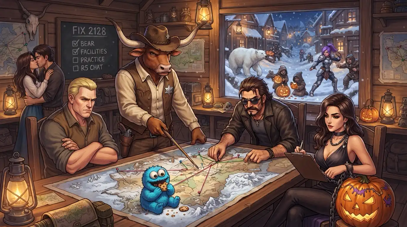 Inside a lantern-lit wooden war room, a longhorn bull dressed as a sheriff points at a large map of a snowy territory covered in pins and string. A stern blonde man sits with his arms crossed, a man with a mustache, goatee, and sunglasses moves a pin, and a brunette woman chained to a jack-o-lantern calmly takes notes on a clipboard. A fuzzy blue baby monster sits on the map eating a cookie. In the back corner a brunette couple kisses, ignoring the meeting. A chalkboard reads Fix 2128 with checkboxes for bear, facilities, practice, and R5 chat. Through the window, a polar bear wanders the snowy street, small hooded figures carry pumpkins, and a purple-haired warrior in armor is starting a fight.