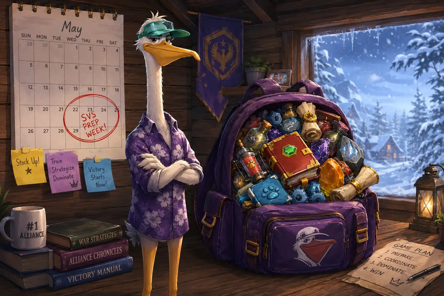 A pelican in a visor standing next to an overflowing backpack full of speedups and resources, a calendar on the wall with SVS prep week circled in red, charts showing daily event spending vs savings on a chalkboard behind him