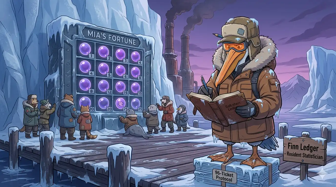 A thick-feathered pelican statistician, Finn Ledger, squinting in an arctic visor and an insulated parka, stands atop a stack of 96 frozen tickets. He is logging data in a salt-stained ledger using a special mechanical pencil, ignoring the icy wind. Behind him, set into a desolate, ancient glacier, is the massive 'Mia's Fortune' grid, featuring exactly 10 glowing purple bubbles arranged in a precise row of three and a row of four. The surrounding landscape is a frozen waste of ice spikes, a few shivering alliance members (a dog and a fox) in deep winter gear, and a massive, smoking, industrial furnace that barely keeps the ice at bay, under a perpetual, dusky-purple, twilight-winter sky.