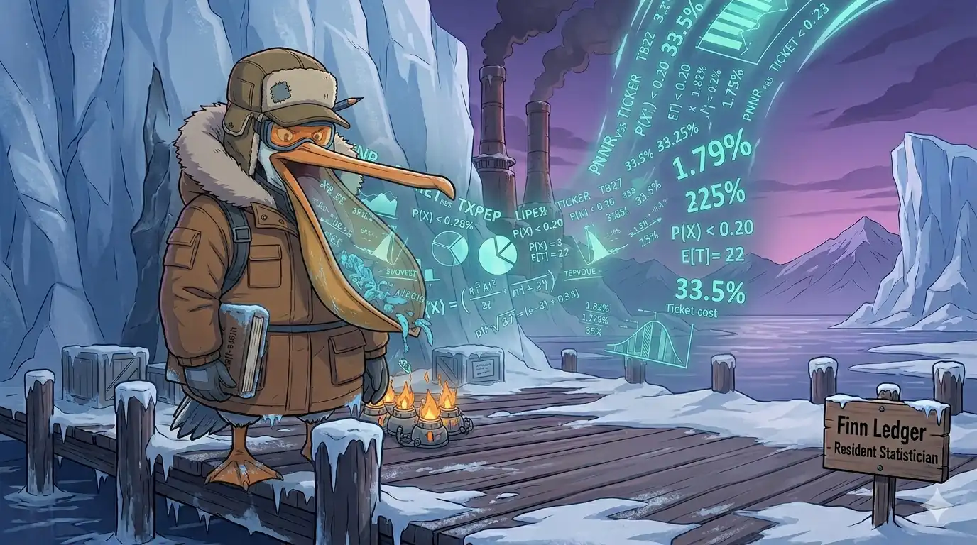 Finn Ledger, a stoic pelican in a thick parka and arctic goggles, stands on a frozen pier. Instead of fish, his expandable mouth pouch is bulging with cascading glowing percentages (1.79%, 33.5%), standard deviation charts, probability calculations, and fluctuating graphs, which he is 'gulping down' with focused intensity. In the background, the icy winds of State 2128 blow past a smoking furnace.
