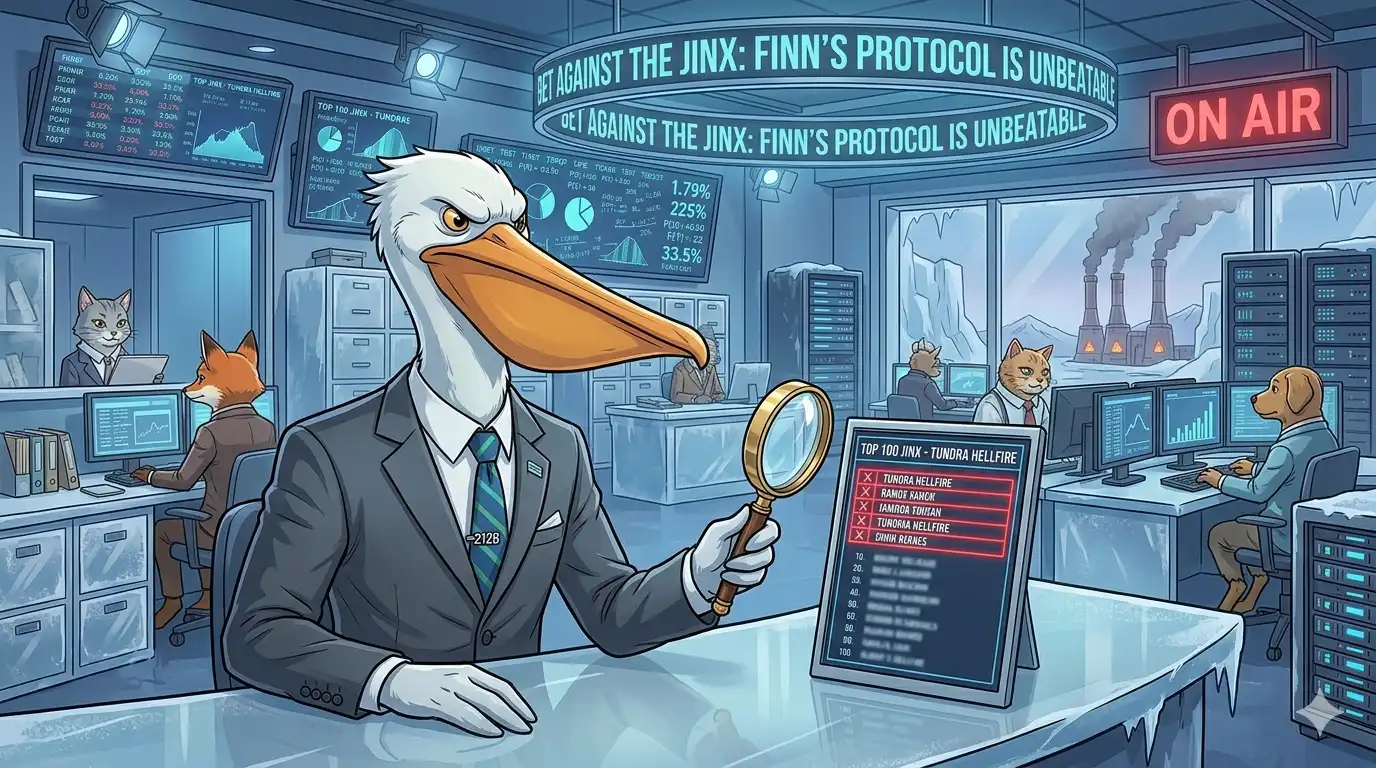 Finn Ledger looking through a magnifying glass at a 'Top 100 Jinx' leaderboard, his beak stuffed with crumpled betting slips and red 'X' symbols, five names glowing in ominous red at the top of the chart while a frozen casino wind blows in the background.
